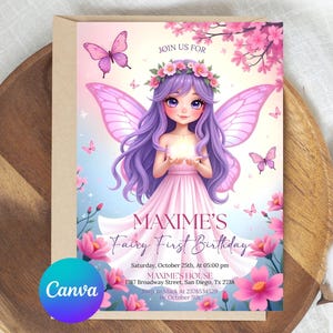 Editable Fairy Birthday Invitation Whimsical Enchanted,Fairy Party Magical Floral Fairy Princess Party Instant Download Editable - CANVA