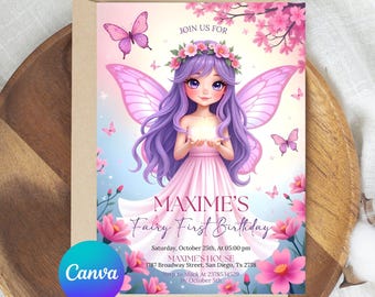 Fairy First Birthday Invitation, Girl Fairy 1st Birthday Invitation, Fairy Garden 1st Birthday Party, Enchanted Forest Girl, Editable Canva