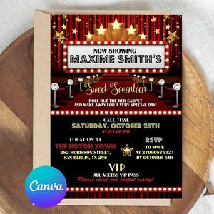 Red Carpet Invitation, Star VIP Pass Birthday Party, Glamorous Hollywood Theme, Any Age Editable Template, Printable Invite