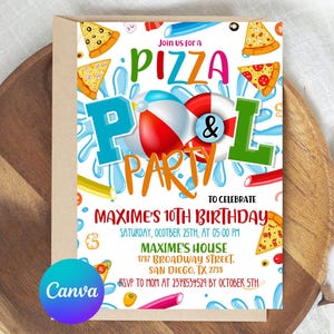Pizza Pool Party Invitation, EDITABLE Swimming Party Invite, Tropical Boy Birthday, Summer Beach Ball, Instant Download