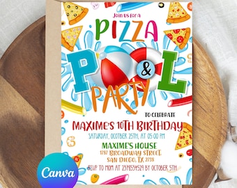 Faire-part pizza piscine, invitation de fête de natation MODIFIABLE, anniversaire de garçon tropical, ballon de plage d'été, téléchargement immédiat