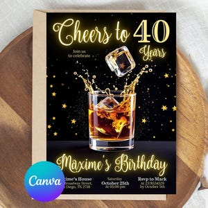 Whiskey Birthday Invitation, Surprise Party Adult, 30th 40th 50th Any Age, Cognac Scotch Liquor, Canva Editable Adult Men Birthday Invite