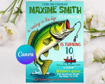 Plantilla editable de invitación de cumpleaños de pesca, invitación de pesca, invitación de cumpleaños de pesca, carrete en la diversión, invitación de cumpleaños de niño imprimible