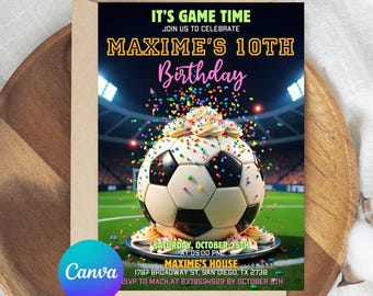 Invitación editable para fiesta de fútbol, invitación imprimible de fútbol para niños, plantilla digital de Canva, invitación de descarga instantánea, invitación de cumpleaños de fútbol