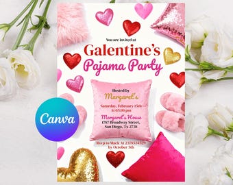 Galentine's Pajama Party Invitation Template, Valentines Party Girls Night In PJ Invite, Digital Download