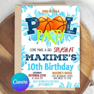 Invito modificabile per festa in piscina a tema basket, festa in piscina a tema basket, invito per festa in piscina, sport basket, biglietto d'auguri con download immediato
