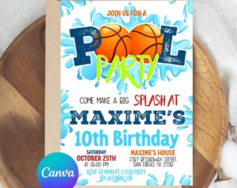 Editable Basketball Pool Party Invitation, Basketball Pool Party, Pool Party Invitation, Sports Basketball, Birthday Card Instant Download
