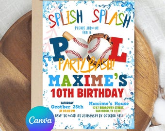 Editable Baseball Pool Birthday Party Invitation, Sports Birthday, Summer Pool Party, DIGITAL Printable EDITABLE Invite 5x7 Edit TODAY
