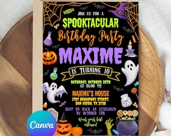 May include: A Halloween-themed birthday party invitation with the text "Spooktacular Birthday Party" and the name "Maxime". The invitation features a black background with orange and purple accents, including pumpkins, ghosts, and bats. The Canva logo is visible.