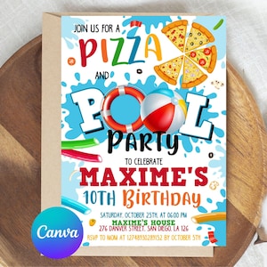 Editable Pizza Pool Party Invitation, Pizza Pool Party Birthday, Pizza and Pool Party Invite, Boy Pool Party, Pizza Swimming Party