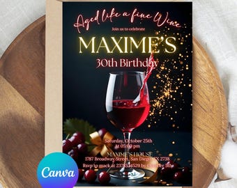 Aged to Perfection Invitation, Wine Birthday Party Invite, Winery Celebration Template, Fine Like Wine Floral Birthday Card, Canva Editable