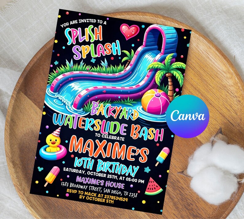 Waterslide Birthday Invitation, Boy Girl Splash Party Invite, Splash Birthday Evite, Waterslide Bash Modern Canva Template