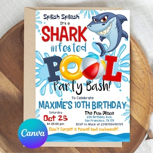 Shark Pool Party Invitation, Shark Birthday Invitation, Shark Birthday, Shark Party, Digital File