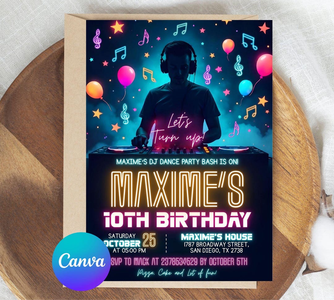 Editable DJ Dance Party Birthday Invitation for Boys, Glow in the Dark ...