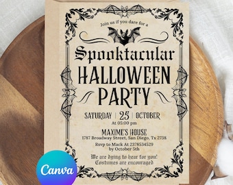 Vintage Halloween Invitation Template, Halloween Digital Invite, Printable Halloween Party Invitation for Adults, Editable Canva Template
