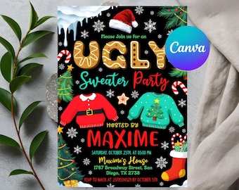 May include: A black invitation for an "Ugly Sweater Party" with festive graphics. The design includes gingerbread letters, snowflakes, Christmas trees, and sweaters. The text reads "Hosted by Maxime" with event details.