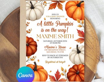 Pumpkin Baby Shower Invitation, A Little Pumpkin is on the Way Invite, Fall Baby Shower Invitation, Autumn Invite, Instant Download