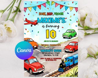 Transportation Birthday Invitation Honk, Beep, Choo Choo, Editable Train, Truck and Cars Birthday Invite, Boy Birthday Invitation