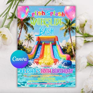 Waterslide Birthday Invitation, Water Slide Invitation, Splash Pad Summer Pool Party Invite, Waterslide Birthday Bash, Editable Canva