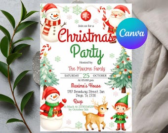 Op de afbeelding: Een uitnodigingskaart voor een kerstfeest met aquarelillustraties van sneeuwpoppen, de Kerstman, een rendier en een elf. De tekst luidt: Join us for a Christmas Party, Hosted by The Maxime Family, Saturday 25 October at 05:00 pm, Maxime's House.