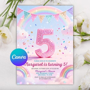 Pode incluir: Um convite de aniversário com um design de arco-íris, nuvens e confetes. O número 5 em glitter rosa é proeminente. O texto diz "Margaret está fazendo 5 anos!" e inclui detalhes da festa.