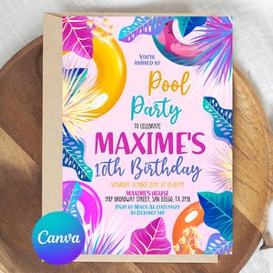 Editable Pool Party Invitation, Girl Pool Birthday Party, Pastel Invite, Summer Birthday Party, Swimming Party, Digital