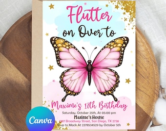 Faire-part d'anniversaire papillon, faire-part papillon arc-en-ciel, papillon floral lunatique jardin de papillons floral, téléchargement immédiat modifiable