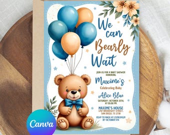 Bär-Babyparty-Einladung, blauer Junge Boho-Bär-Babyparty, wir können Bärenwart-Einladung, blauer Bär einladen für Jungen, bearbeitbar in Canva