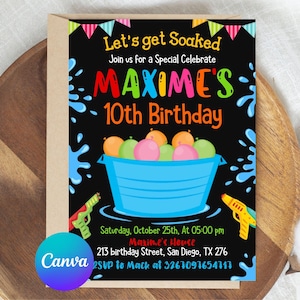 Water Balloon Invitation, Water Balloon Birthday Bash, Soaked Water Fight Splash Party DIGITAL Printable Editable Invite, Let&#39;s Get Soaked
