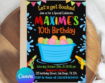 Water Balloon Invitation, Water Balloon Birthday Bash, Soaked Water Fight Splash Party DIGITAL Printable Editable Invite, Let's Get Soaked