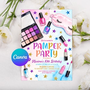 May include: A colorful invitation for a "Pamper Party" with makeup and beauty items. The invitation includes an eyeshadow palette, nail polish, lipstick, and a sleep mask. The text reads "You're invited to Pamper Party to celebrate Maxime's 10th Birthday."