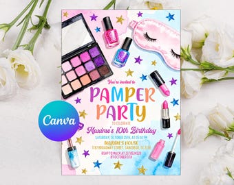 以下が含まれることがあります： メイクアップと美容アイテムが描かれた、カラフルな「Pamper Party」の招待状。アイシャドウパレット、マニキュア、口紅、スリープマスクが含まれています。「You're invited to Pamper Party to celebrate Maxime's 10th Birthday」と書かれています。