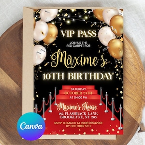 Editable Red Carpet Birthday Invitation, Red Carpet Event Hollywood Invitation, Red Carpet Party Printable with CANVA