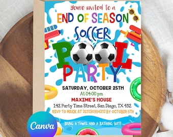 Editable Soccer Pool Birthday Invitation, Soccer Birthday Invitation, Pool Birthday Invitation, Boy Sports Summer Birthday, Instant Download