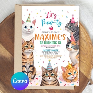Editable Cat Birthday Invitation, Cat Theme Birthday Invitation, Are You Kitten Me Birthday, Paw-ty Birthday Invite, Rainbow, Digital