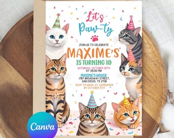 猫の誕生日招待状、猫をテーマにした誕生日招待状、パーティーの誕生日招待状、子猫の誕生日招待状、Canvaで編集可能な招待状