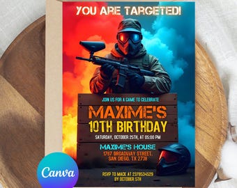 Invito a paintball, invito a compleanno a paintball, festa di compleanno a paintball, download immediato, invito a partita di paintball, modificabile su Canva