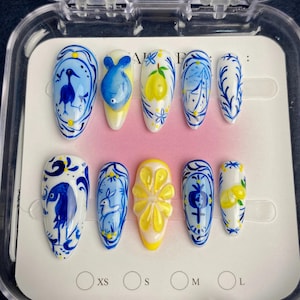 Mediterranean Lemon Press On Nails | Blue White Tile Inspired Nail Art with 3D Citrus | Handmade Summer Fake Nail Set