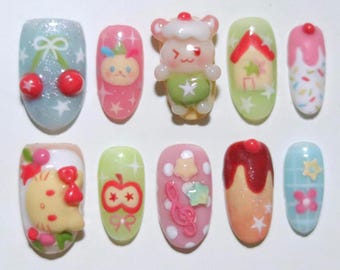 Handmade Kawaii Pastel Press On Nails | 3D Bear, Bunny, Cherries, Apple & Candy Star Art | Almond Nails For Playful Vibes