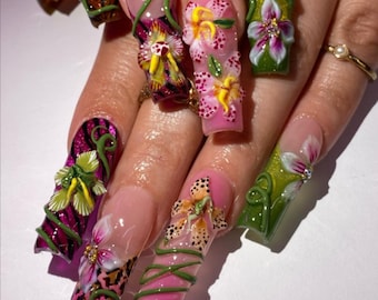 Handmade Tropical Flower Press On Nails | 3D Orchids, Jungle Vines, Leopard Accents & Bright Colors | Long Square Nails For Exotic Bold Vibe