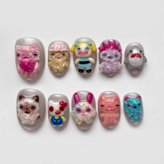 Handmade Weirdcore 3D Monster Press Ons, Cursed Character Meme Fake Nails, Funny Derpy Shark Custom Gel, Ugly Cute Y2K Nails