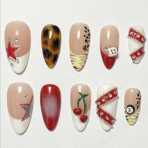 Retro Rockabilly Press On Nails, Cherry, Dice & Leopard Print Nail Art, Red Star, 3D Rhinestones, 8 Ball Design, Handmade Custom Nails Set