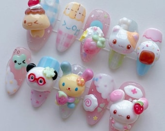 Uñas postizas súper kawaii 3D de postres y animales - Diseño de uñas de pudín de gelatina rosa pastel y conejito - Uñas postizas pintadas a mano con diseño de panda y gato chef