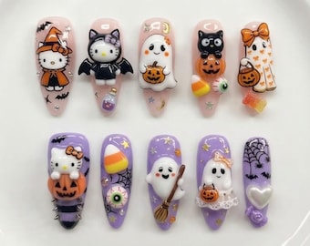 Uñas postizas 3D de Hello Kitty hechas a mano para Halloween / Arte de fantasmas, calabazas y murciélagos en tonos pastel / Uñas personalizadas kawaii espeluznantes