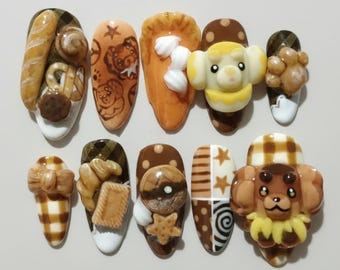 Handgemachte Kawaii Bäckerei Press On Nägel | 3D Brot, Kekse & Tier Gebäck Kunst | Almond Nägel für süße gemütliche Vibes