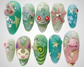 Handmade Kawaii Forest Creatures Press On Nails | 3D Critters, Stars & Floral Fantasy Art | Almond Nails For Whimsical Magic Vibes