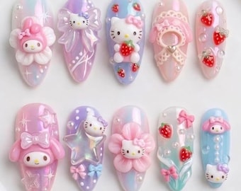 Uñas postizas 3D Kawaii Sanrio hechas a mano / Hello Kitty y My Melody Pastel Coquette