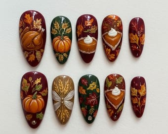 Handmade Thanksgiving Press On Nails | Pumpkin Pie, Turkey & Fall Leaves Art | Warm Brown Nails For Cozy Autumn Vibe