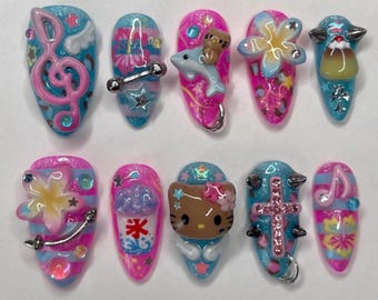 Handmade 3D Y2K Summer Gyaru Press On Nails, Kawaii Neon Pink and Blue Fake Nails, Maximalist Beach Character Almond Manicure