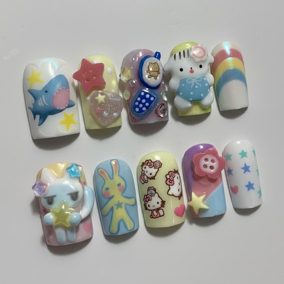 Handmade Kawaii Cartoon Press On Nails | Hello Kitty, Bunny, Rainbow & Star Charms 3D Art | Short Square Nails For Playful Vibes